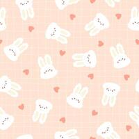Cute bunny face kawaii seamless pattern. Hand drawn character with hearts in chaotic abstract on lattice background. The pastel palette is ideal for printing baby clothes, scrapbooking, wallpaper. vector