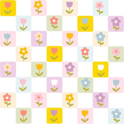 Floral pattern seamless meadow flowers on Checkerboard retro groovy background. Cute cartoon in hand-drawn style, pastel palette. Ideal for printing, scrapbooking, textile, fabric.