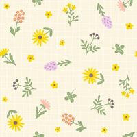 Floral pattern seamless meadow flowers in simple hand drawn cartoon scandinavian style pastel pallet on lattice background. Childish cute simple minimalistic. Ideal for nursery, textiles, wallpaper. vector