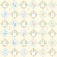 Kawaii Easter seamless pattern with bunny rabbit and eggs in rhombuses cute pillows with hearts. Hand drawn cartoon illustration in pastel soft palette. For printing packaging, textiles. vector