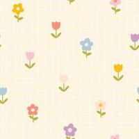Floral pattern seamless meadow flowers in simple hand drawn cartoon scandinavian style pastel palette on lattice background. Childish cute simple minimalistic. Ideal for nursery, textiles, wallpaper. vector