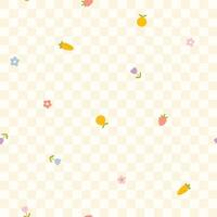 Floral pattern seamless meadow flowers and fruits on a checkered background simple hand drawn cartoon Scandinavian style pastel palette. Childish cute simple minimalistic. Ideal for nursery, fabric. vector