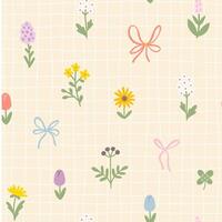 Floral pattern seamless meadow flowers and bows in simple hand drawn cartoon scandinavian style in pastel palette on lattice background. Childish cute simple minimalistic. Ideal for nursery, clothes. vector