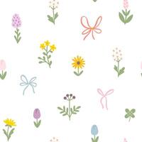 Floral pattern seamless meadow flowers and bows in simple hand drawn cartoon scandinavian style in pastel palette background. Childish cute simple minimalistic. Ideal for nursery, clothes. vector