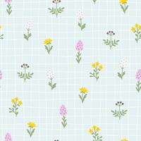 Floral pattern seamless meadow flowers in simple hand drawn cartoon scandinavian style pastel palette on lattice background. Childish cute simple minimalistic. Ideal for nursery, textiles, wallpaper. vector