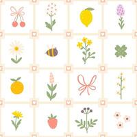 Floral pattern seamless meadow flowers, bee, fruits and bows in simple hand drawn cartoon scandinavian style in pastel palette on lattice background. Childish simple minimalistic. Ideal for nursery. vector