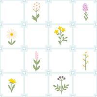 Floral pattern seamless meadow flowers in simple hand drawn cartoon scandinavian style pastel palette on lattice background. Childish cute simple minimalistic. Ideal for nursery, textiles, wallpaper. vector