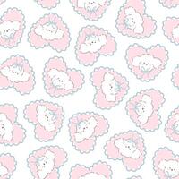 Cute puppy seamless pattern. hand drawn cartoon kawaii character of a white poodle on a heart shaped pillow. Baby surface background perfect for printing textile, fabric, clothing. vector