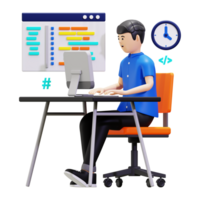 3d Man Sitting In Front Of Computer Developing Program Illustration png
