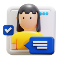 3d rendering of comment, communication and talk. 3d rendered woman profile with a checkmark and chat bubble png