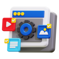 3d Content Management icon. Web browser interface settings with gear and check marks png
