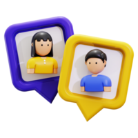 3d Conversation icon. Two speech bubbles with cartoon profile pictures of people for social media, communication, dialogues, discussions, and virtual interactions concepts. png