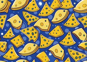 A seamless pattern with cheese slices on a blue background vector