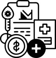 A black and white image of a medical document, stethoscope, and other items vector