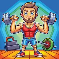 A cartoon man holding a dumbbells and a barbell vector