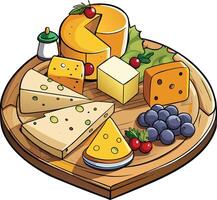 Cheese and fruit on a wooden tray vector