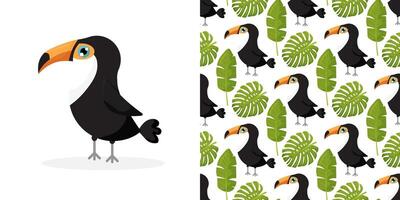 Toucan bird cartoon character. Cute toucan flat isolated on white. South America fauna. background with tropical leaves and toucans. seamless pattern for stylish fabric design. vector