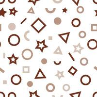 This image features a seamless pattern of geometric shapes including circles, stars, and triangles on a white background. illustration vector