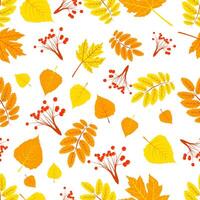 A seamless pattern featuring various autumn leaves and berries, designed in a vibrant graphic style on a white background. illustration vector