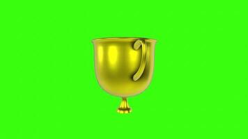 Gold trophy spinning on a bright green background in 3D rendering video