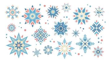 Snowflake set in Scandinavian style. Colourful ice crystals on white background. elements vector