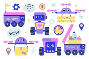 Set of flat illustrations on the theme of modern delivery of goods, products, food by robots, drones, quadcopters, artificial intelligence. Online shopping vector