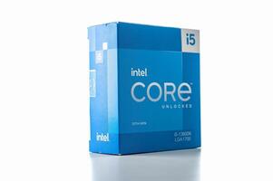 December 2023, Tallinn, Estonia. Intel I5. This is an image of a processor box with a sleek blue and white color scheme. The box is prominently isolated on a pure white background, showcasing its design and details effectively. photo