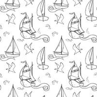 Ships sailing boat yacht graphic seamless pattern. Various water transport on repeating texture of curly waves black and white outline. Sailing ships birds fish endless monochrome background vector