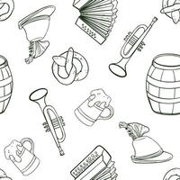 Oktoberfest black white seamless pattern isolated. Wooden beer barrel, German hat and musical instruments monochrome painted in line art. Beer festival objects on repeated texture by outline. vector