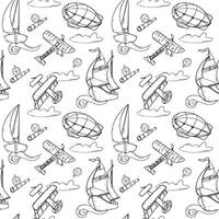 Air transport and ships, dirigible seamless pattern monochrome isolated. Black and white graphic hand drawn repeating design of adventure vintage. Endless pattern of silhouette transport vector