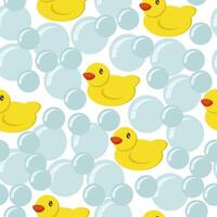 Seamless pattern of rubber ducks and soap bubbles, foam and and yellow toys on a white background vector