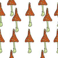 Seamless pattern of spotted mushrooms on a light stalk, fly agarics in vertical rows on a white background vector