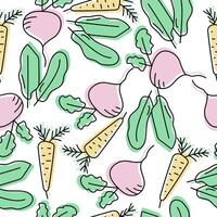 Seamless pattern of doodle vegetables, contour carrots, beets and spinach with gentle fill color on a white background vector
