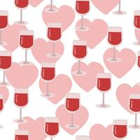 Seamless pattern of glasses of wine and hearts, wine glass with red drink on a white background vector
