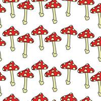 Amanita mushrooms in horizontal rows seamless pattern, spotted mushrooms with red cap and dots on a white background vector