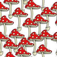 Seamless pattern of mushrooms on a thin leg with a bright red cap, amanita on a white background for design vector