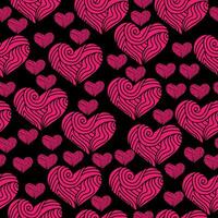 Seamless pattern with bright pink hearts on a black background, hearts from curls and waves for design vector
