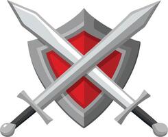 Shield with crossed swords, symbolizing protection and strength in a medieval cartoon style vector