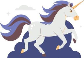 blanco unicornio en pie en un nube, ilustrado en un mágico y caprichoso dibujos animados estilo vector