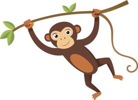 Cartoon monkey hanging from a tree branch, illustrated in a playful and cute style vector