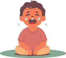 Cartoon child sitting and crying with tears, illustrated in a sad and emotional style vector