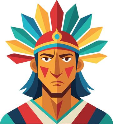 Native American character wearing a colorful feather headdress, illustrated in a detailed style