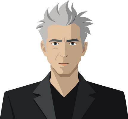 Cartoon character with silver hair and serious expression, illustrated in a simple style