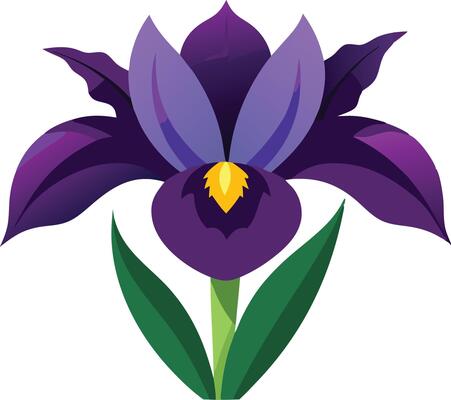 Vibrant purple iris flower with detailed petals and leaves, cartoon style illustration