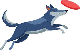 Blue dog jumping to catch a frisbee, dynamic and playful cartoon illustration vector