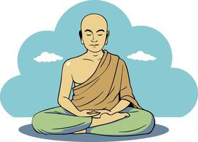 A minimalist illustration of a monk in meditation, sitting peacefully with a serene background of clouds. vector