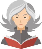 Elderly woman with gray hair reading a book, illustrated in a calm and thoughtful style vector