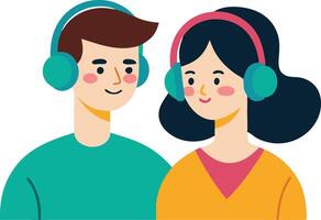 A playful illustration of a couple wearing headphones, symbolizing music sharing, enjoyment, and connection through sound. vector