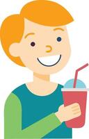 A cheerful illustration of a boy holding a drink, symbolizing happiness, refreshment, and fun in childhood. vector