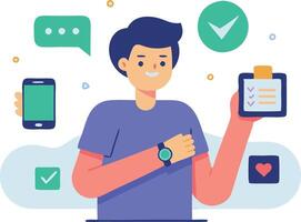 A modern illustration of a person using multiple apps on a smartphone, symbolizing technology, multitasking, and connectivity. vector